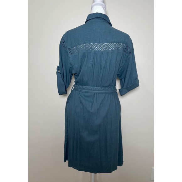 Anthropologie Blue Linen Blend Button Front Dress with Crochet Detail Size S - Picture 2 of 8